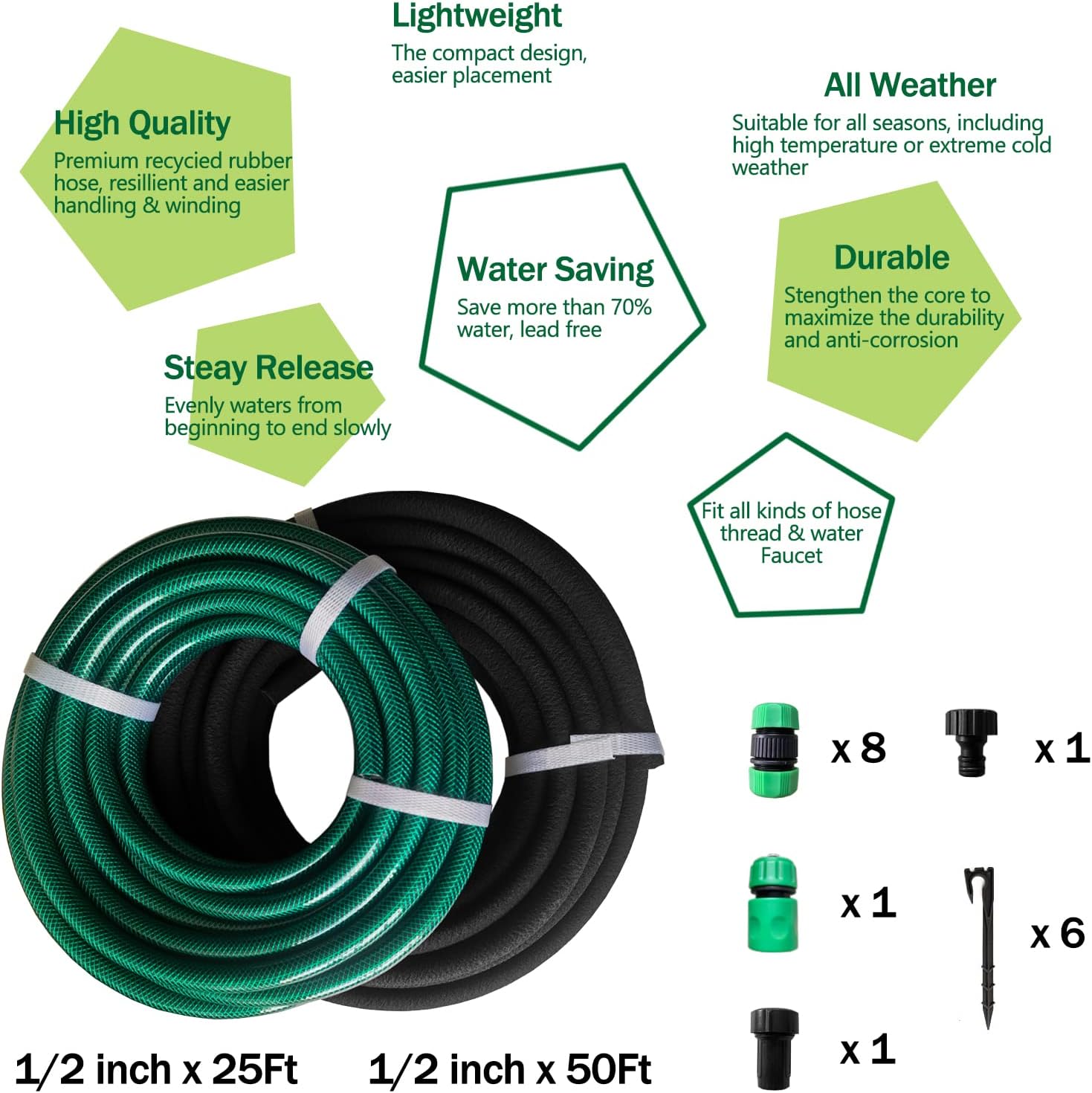 Customizable Soaker Hose System - 1/2 inch x 50ft Soaker Hose with 25ft Garden Hose, Irrigation Weeping Hose with Reinforced Fittings for Raised Garden Flower Bed, Vegetables and Shrub Plants.