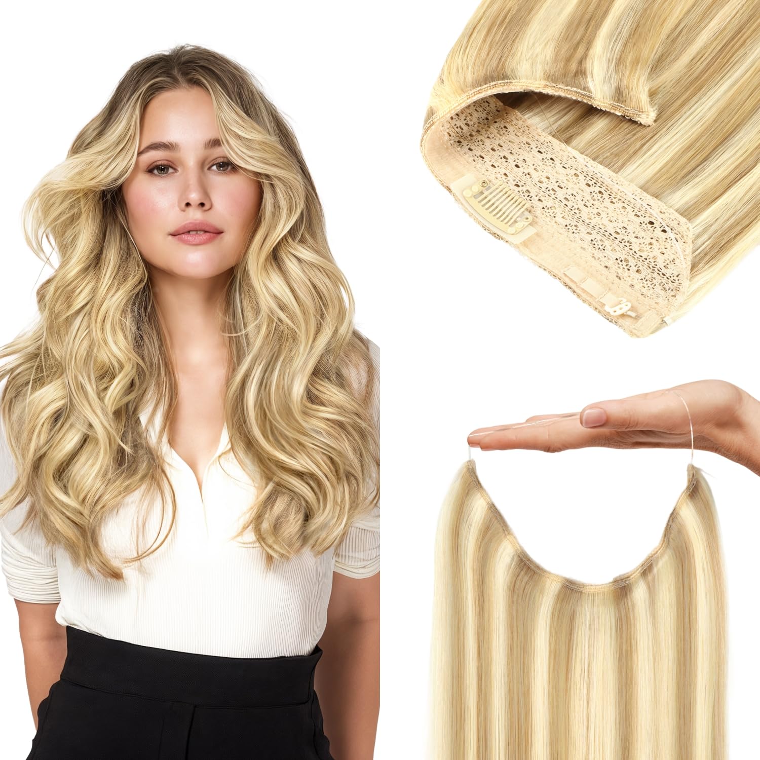 GOO GOO Wire Hair Extensions Human Hair, #16/22 Light Blonde Highlighted Golden Blonde 14inch 75g, Invisible Wire Hair Extensions with Transparent, Seamless Adjustable Fish Line Hairpiece