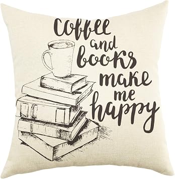 Ogiselestyle Throw Pillow Cover Coffee And Books Make Me Happy Quote Motivational Sign Reading Decoration Cushion Cover with Words for Book Lover Sofa Couch Home Decor Cotton Linen Pillow Case 18"x18"