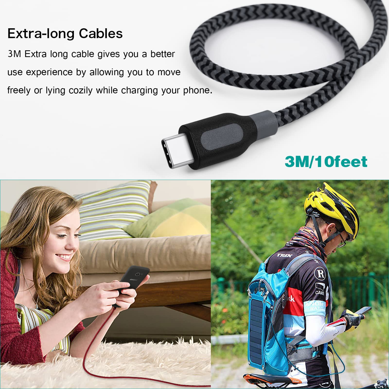 Canjoy 3pcs 10ft 2.0 USB C Cable 3m Negro Cable USB