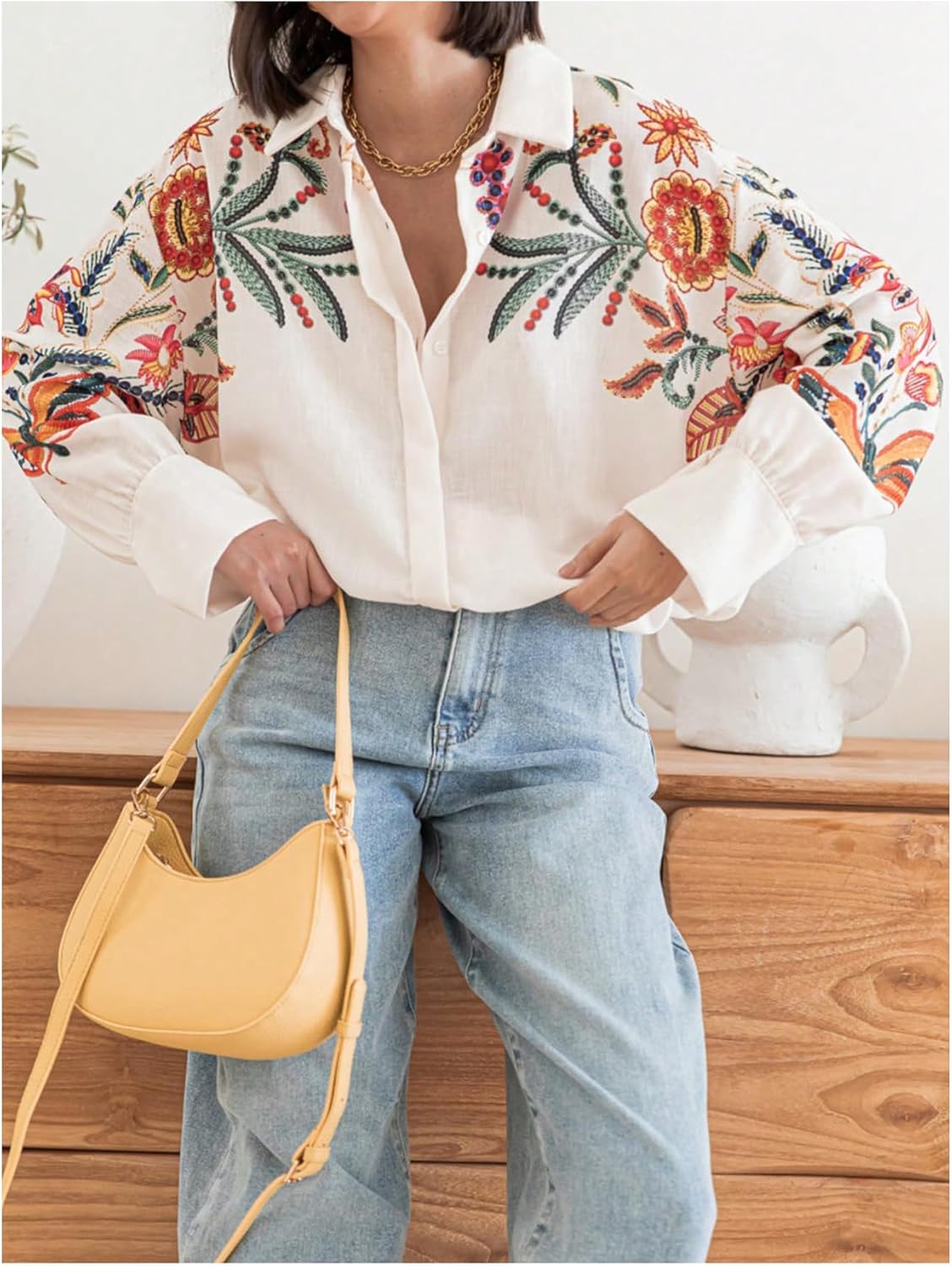 MakeMeChic Women's Floral Button Down Shirt Long Sleeve Collared Business Dressy Blouse Tops - Image 6