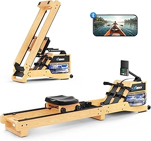 MERACH Wasser Rudergerät Holz Klappbar, Gummibaummaterial & Komfortabler Sitz, mit Exklusiver APP mit Interaktiven Kartenerfahrung, Immersives Rudererlebnis, Ideal für Heimfitness