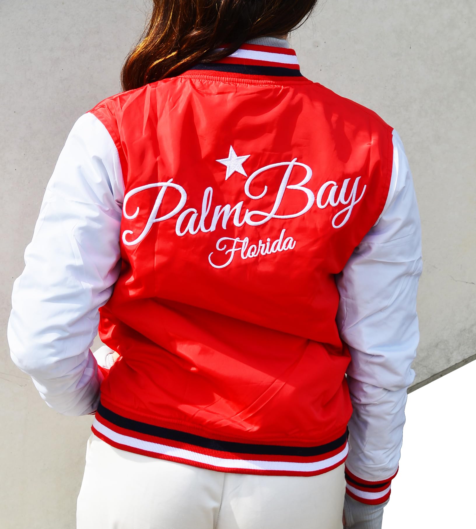 Damen Collegejacke Bomberjacke College Varsity Jacket Nylon Jacke Sommerjacke Blouson Vintage Palm Bay Florida