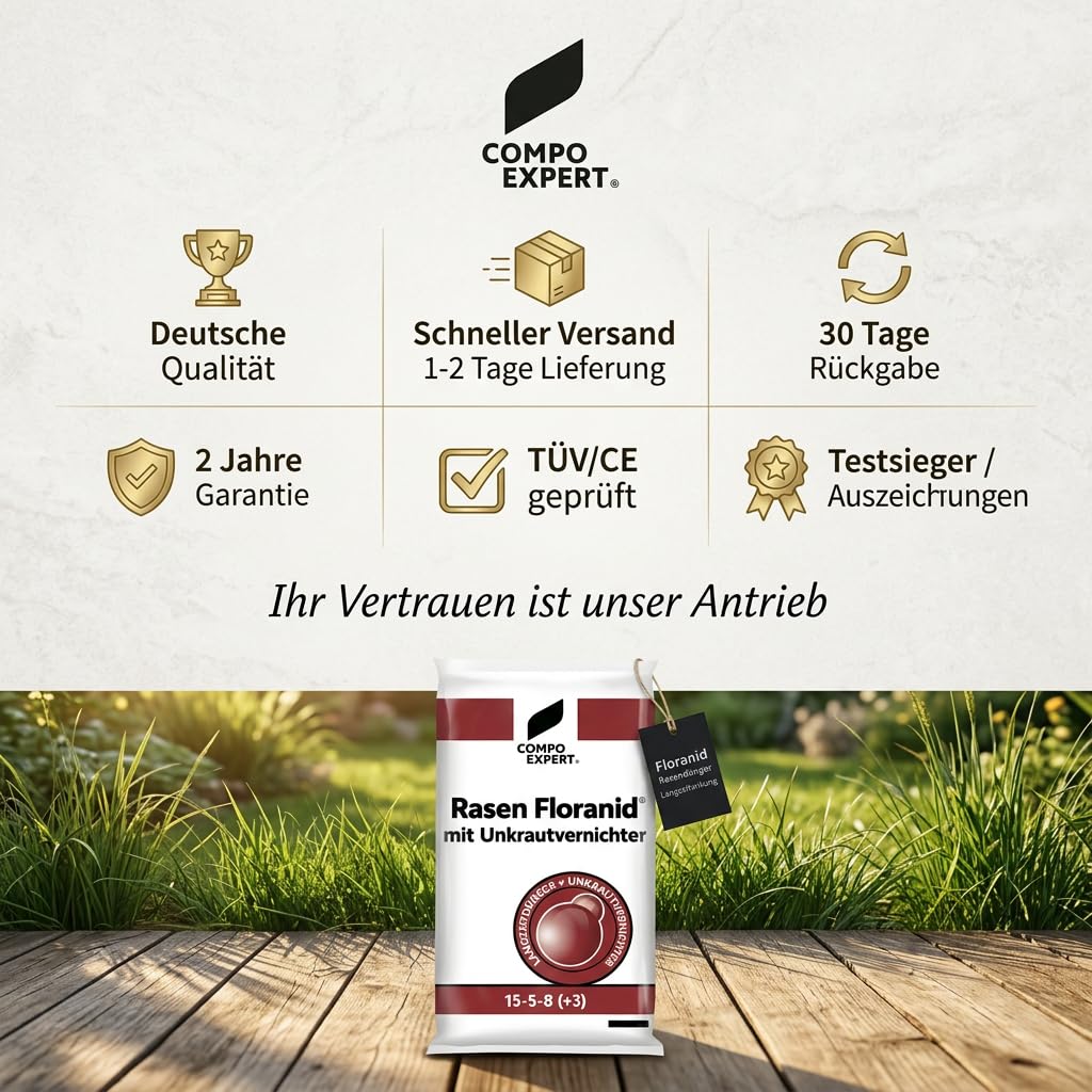 COMPO EXPERT Rasendünger mit Unkrautvernichter und Langzeitwirkung gegen Unkraut - Rasen Floranid® 15-5-8(+3) mit Unkrautvernichter | Gegen Unkraut - Rasen Floranid® 15-5-8(+3) mit Unkrautvernichter