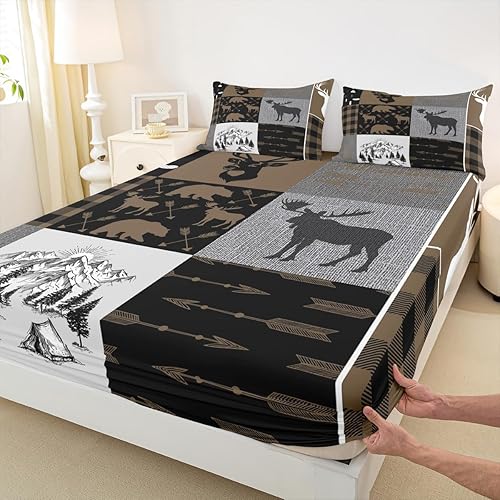 Miniatura 238 de Sábana bajera ajustable de oso de caza, juego de ropa de cama a cuadros de búfalo, sábanas de retazos de cabaña rústica para niños, niños, Multi