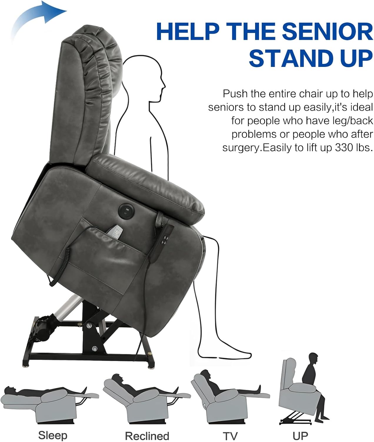 MAEVIS Power Recliner Chair, Lay Flat Sleeping Lift Chairs Recliner for Elderly with Heat and Massage,Comfy Real Breathable Leather Recliners with Dual OKIN Motor for Living Room (Silver Grey)