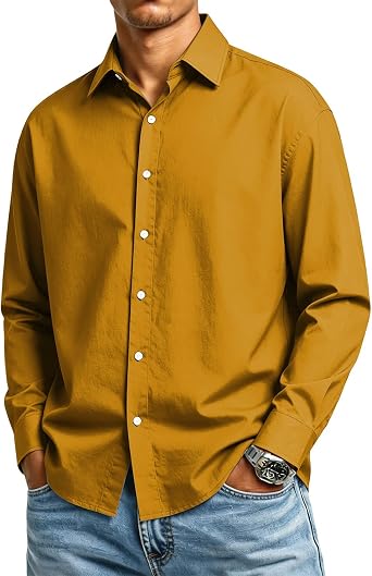 TWGONE Mens Button Down Shirt Solid Color Long Sleeve Loose Dress Shirt