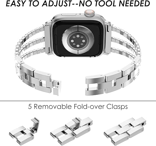 Miniatura 4 de FULLIFE Bling Correa de eslabones de metal compatible con las correas de Apple Watch para mujeres, correa de acero con cristales de diamante