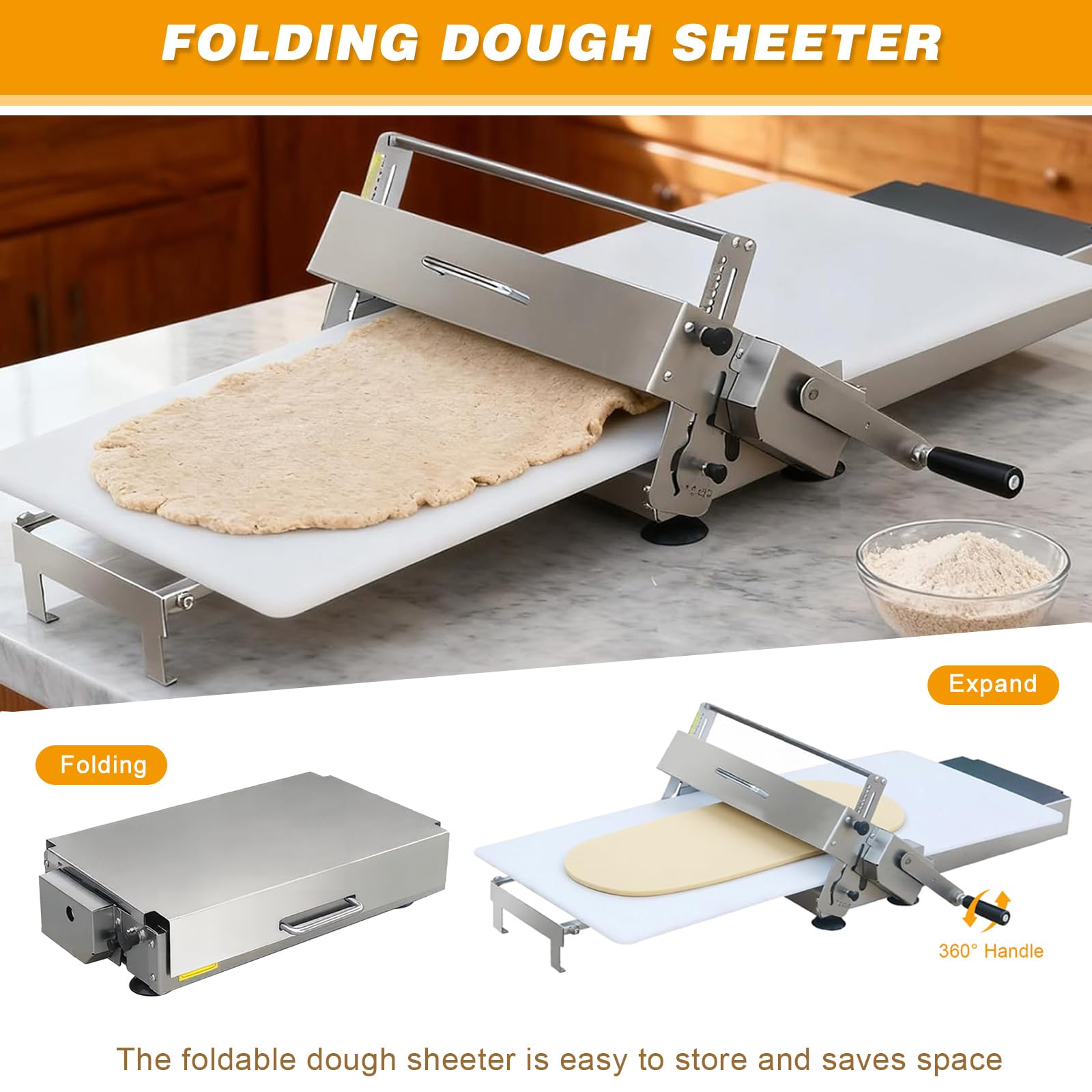 Macchina per sfogliare l'impasto, rullo di spessore regolabile manuale per cornetti, pizza e pasticceria, design da tavolo in acciaio inossidabile per cottura domestica e commerciale