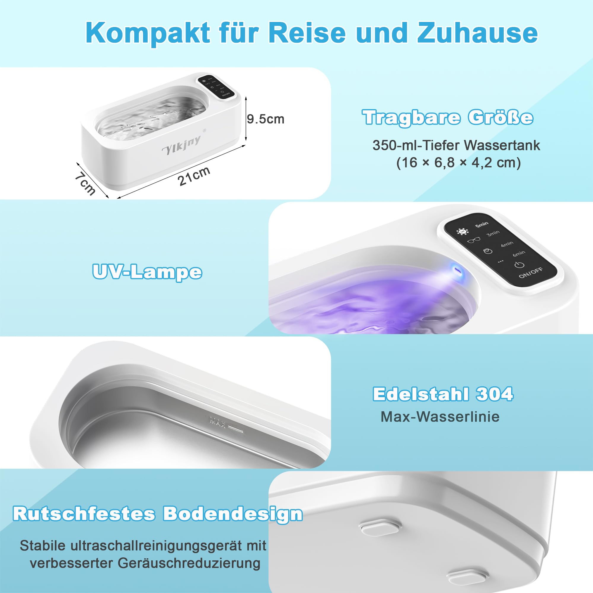 Ultraschallreinigungsgerät, 55KHz UV Brillenreinigungsgerät mit LED-Anzeige, 350ml Ultraschallreiniger, 4 Modi Professionelle Ultrasonic Cleaner für Schmuck, Brillen, Ringen, Zahnspangen, Rasierköpfe