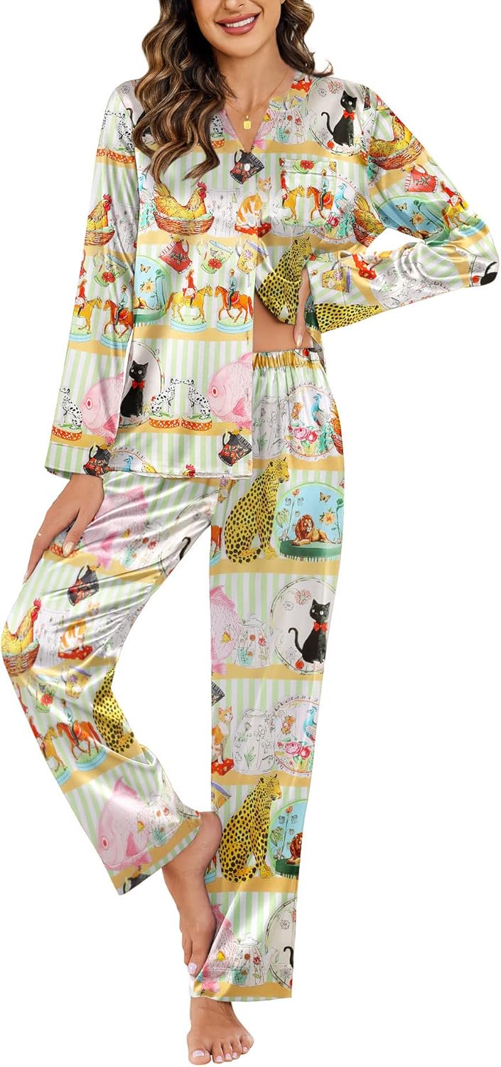 Ekouaer Silk Pajamas For Women 2 Piece Set Satin Pjs Long Sleeve Button Up Sleepwear Comfy Lounge sets