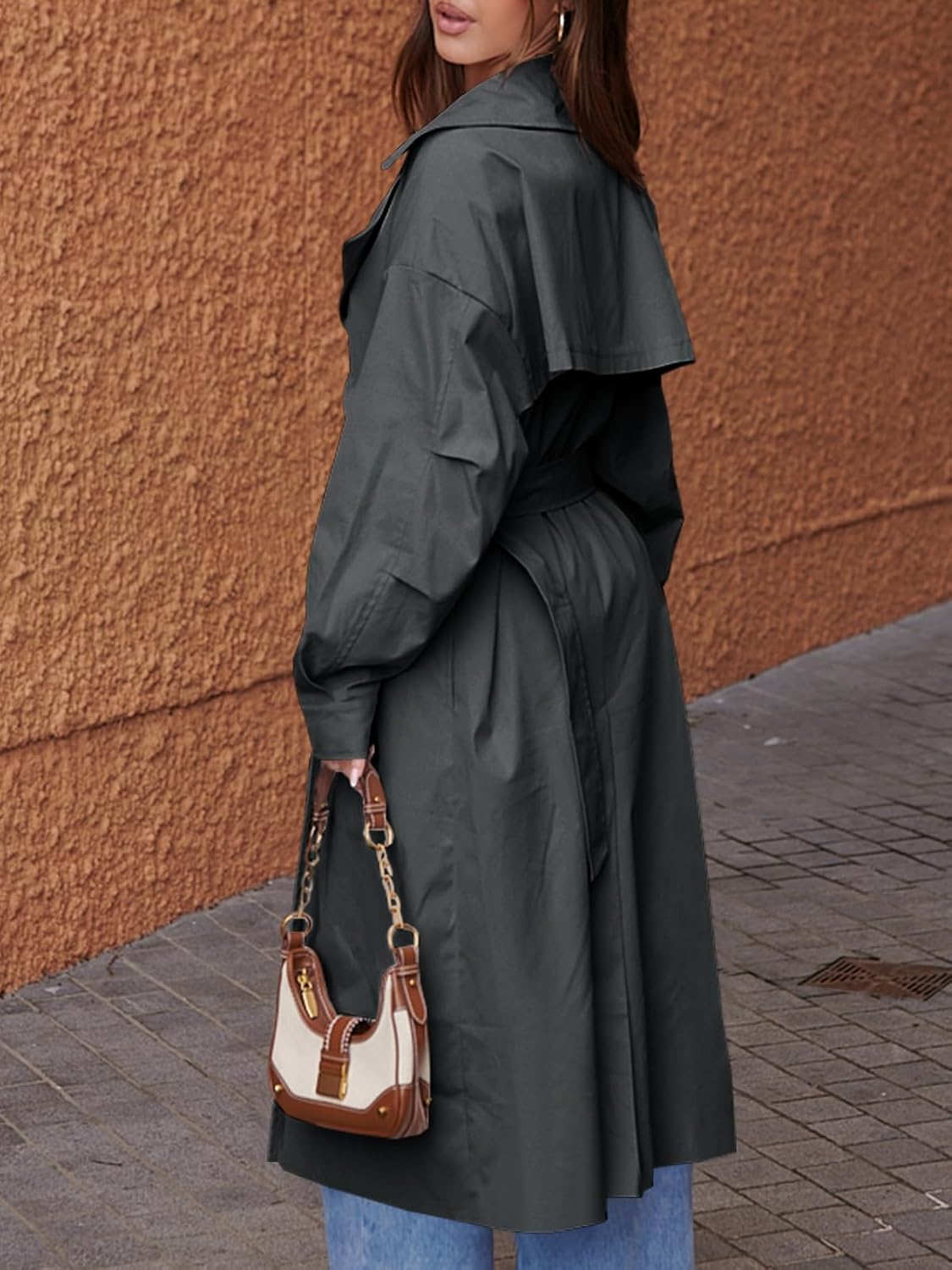 Tankaneo Womens Double Breasted Long Trench Coat Oversized Classic Lapel Belted Overcoat - Image 3