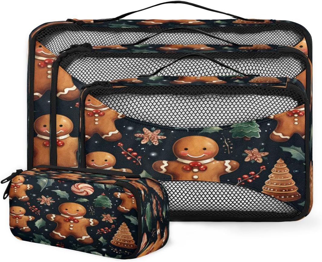 Packing Cubes for Travel Accessories with Double Zipper and Mesh Top 4 Piece Waterproof Xmas Gingerbread Cookie Suitcase Luggage Organizer Bags for Clothes Shoes Cosmetics