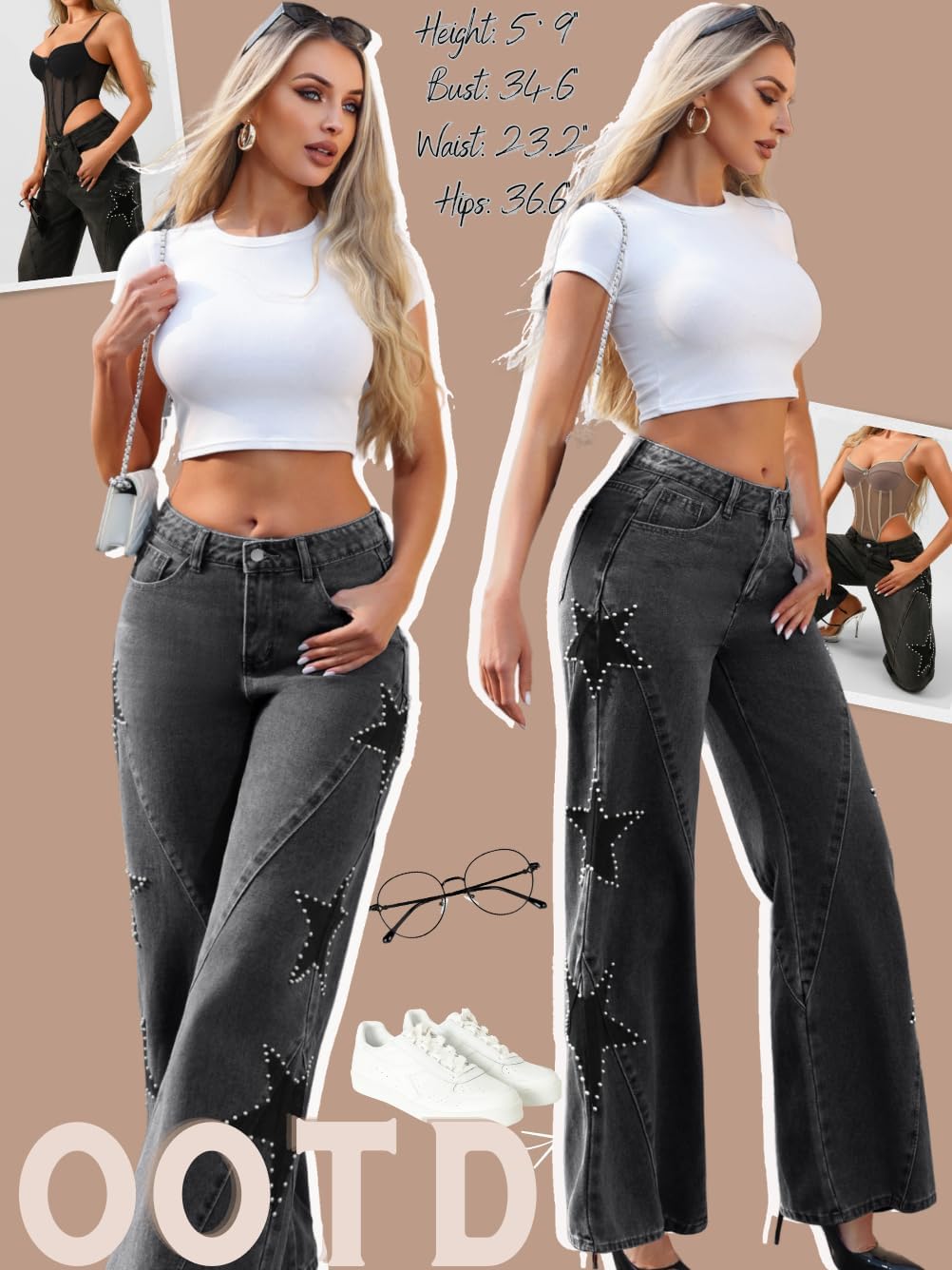 Vintage Women Star Pearl Baggy Jeans,Low Rise Wide Straight Leg Boyfriend Denim Pants,Going Out Concert Casual Outfit