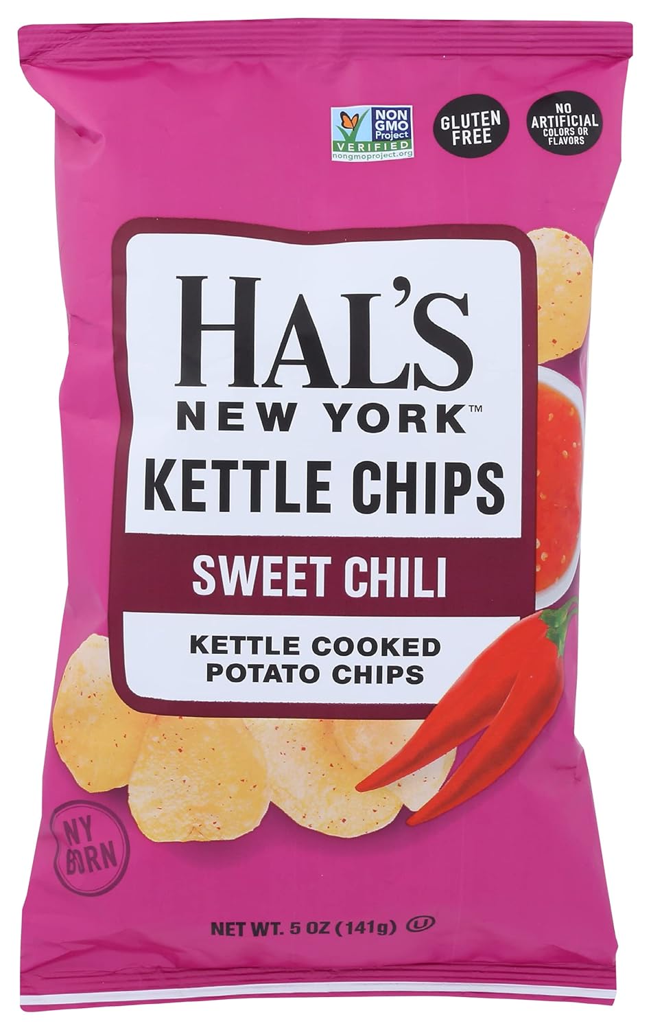 Hal's New York Kettle Chips, Sweet Chili Kettle Cooked Potato Chips, No Artificial Colors or Flavors, Kosher, Gluten Free & Non-GMO, 5 Ounce (Pack of 12)