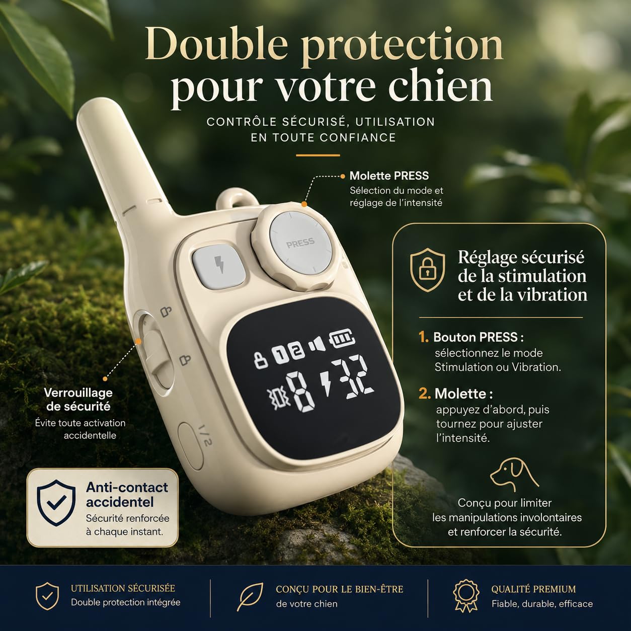 Collier de Dressage Chien, Collier électrique Chien avec Télécommande (portée de 550 m), Réglable et Rechargeable, Adapté Aux Petits Chiens et Chiots ou Aux Chiens Taille Moyenne à Grande (Beige)