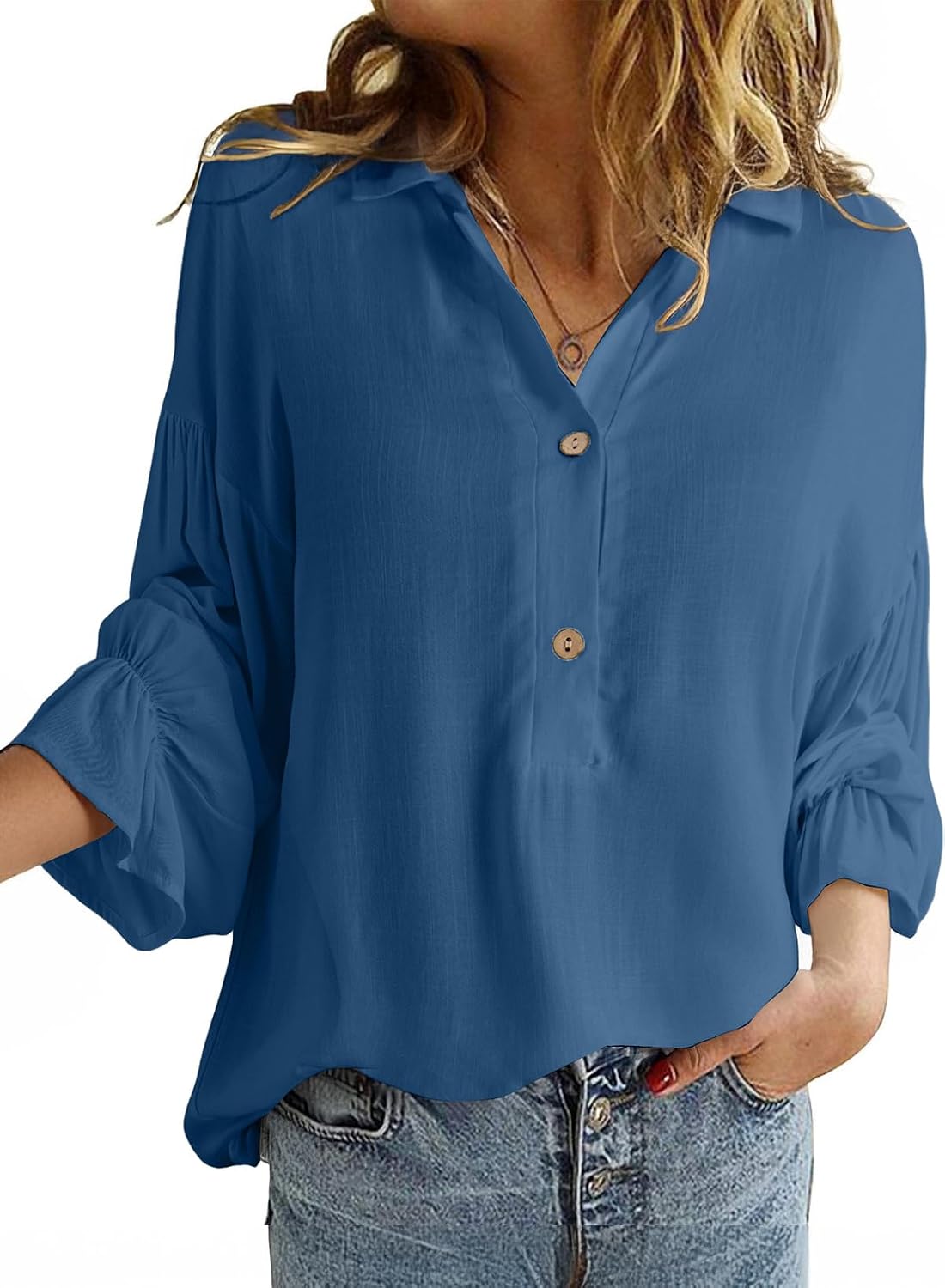 Astylish Women's Casual Blouses Linen Tops Cute Puff Sleeve V Neck Button-Down Henley Shirts