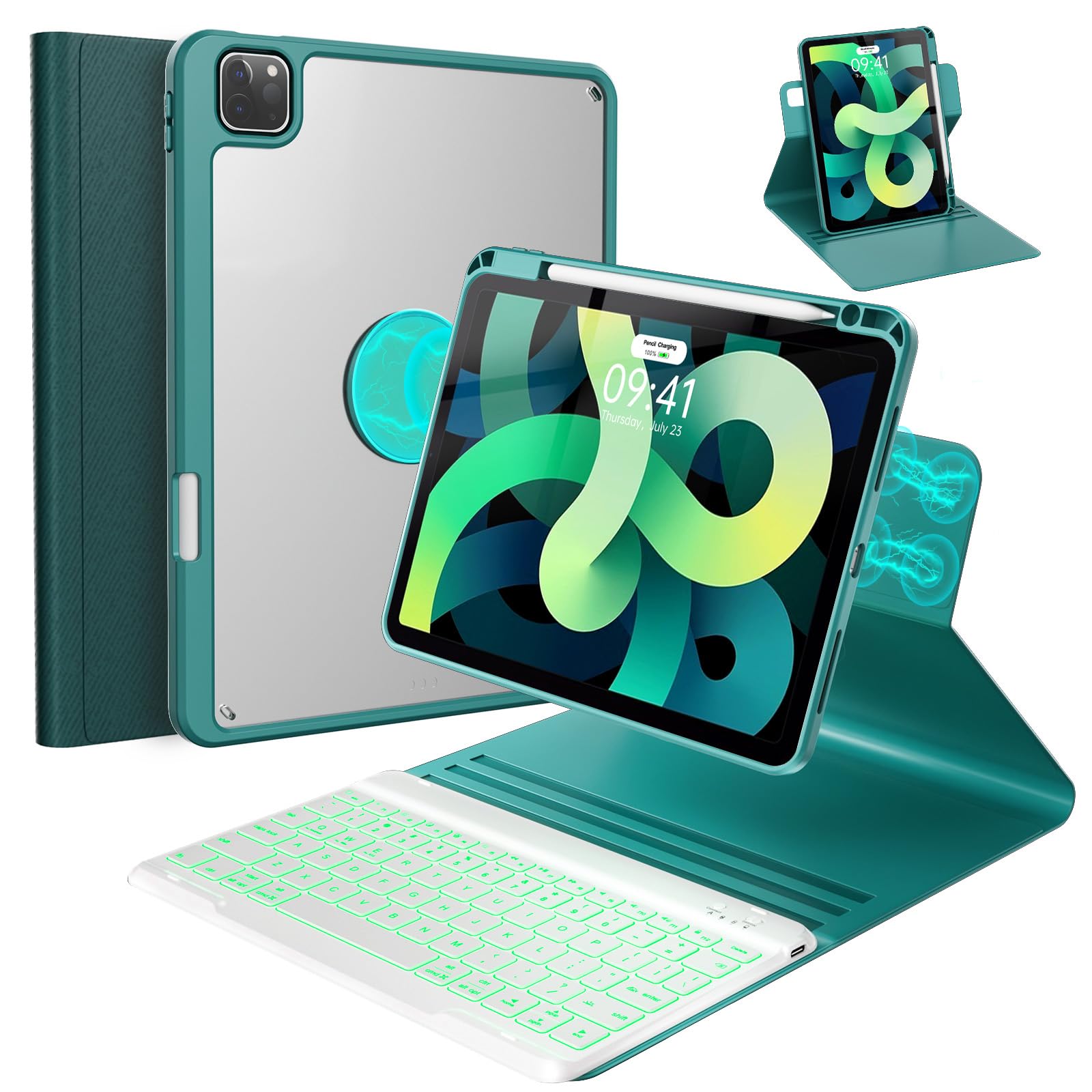 BLUTLOTUS Keyboard Case for iPad Pro 11 1st/2nd/3rd/4th,Air 5th 4th Generation 10.9 inch,360° Rotatable Magnetic Case with Pencil Holder Groove Design,7 Color Backlit Wireless Keyboard (Teal)
