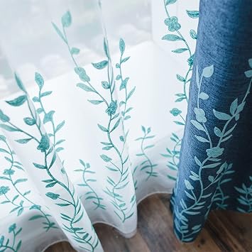 Melodieux Flower Embroidery Sheer Curtain for Living Room, Bedroom Farmhouse Style Rod Pocket Voile Drape, White/Blue, 52 by 84 Inch 1 Panel