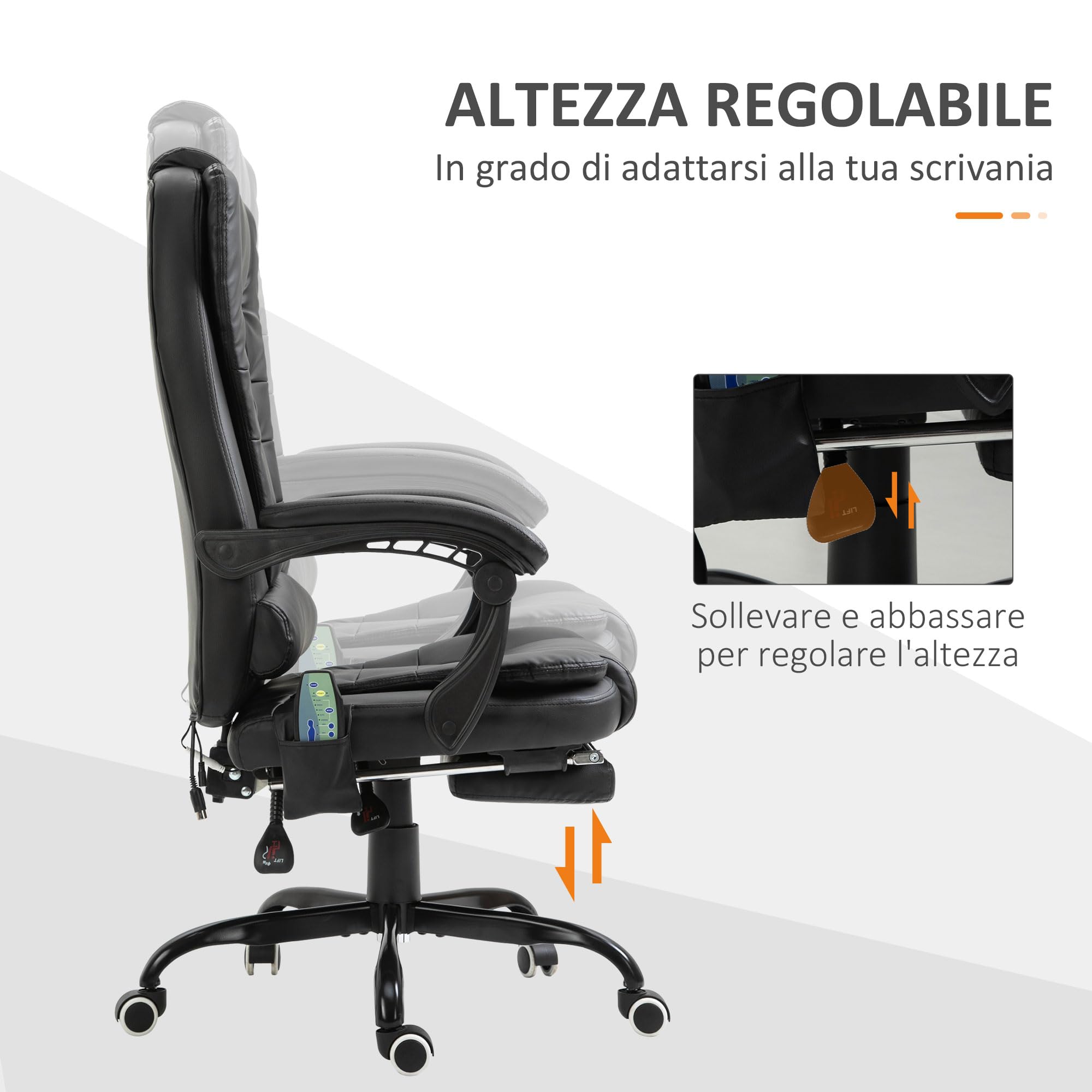 Vinsetto Sedia Ergonomica da Ufficio con 7 Punti Massaggianti e Poggiapiedi, Sedia da Scrivania Reclinabile in Pelle PU con Braccioli Imbottiti, Altezza Regolabile e Ruote Girevole, per Studio, Nero