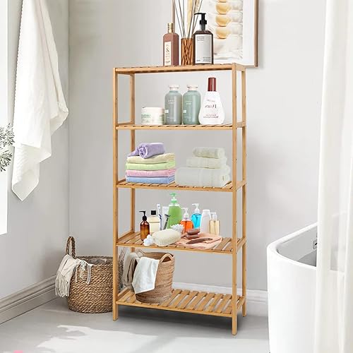 Miniatura 2 de kinbor Estante de bambú  Estantes de baño de 5 niveles, estantes de almacenamiento de bambú ajustables, estante de utilidad independiente, estante