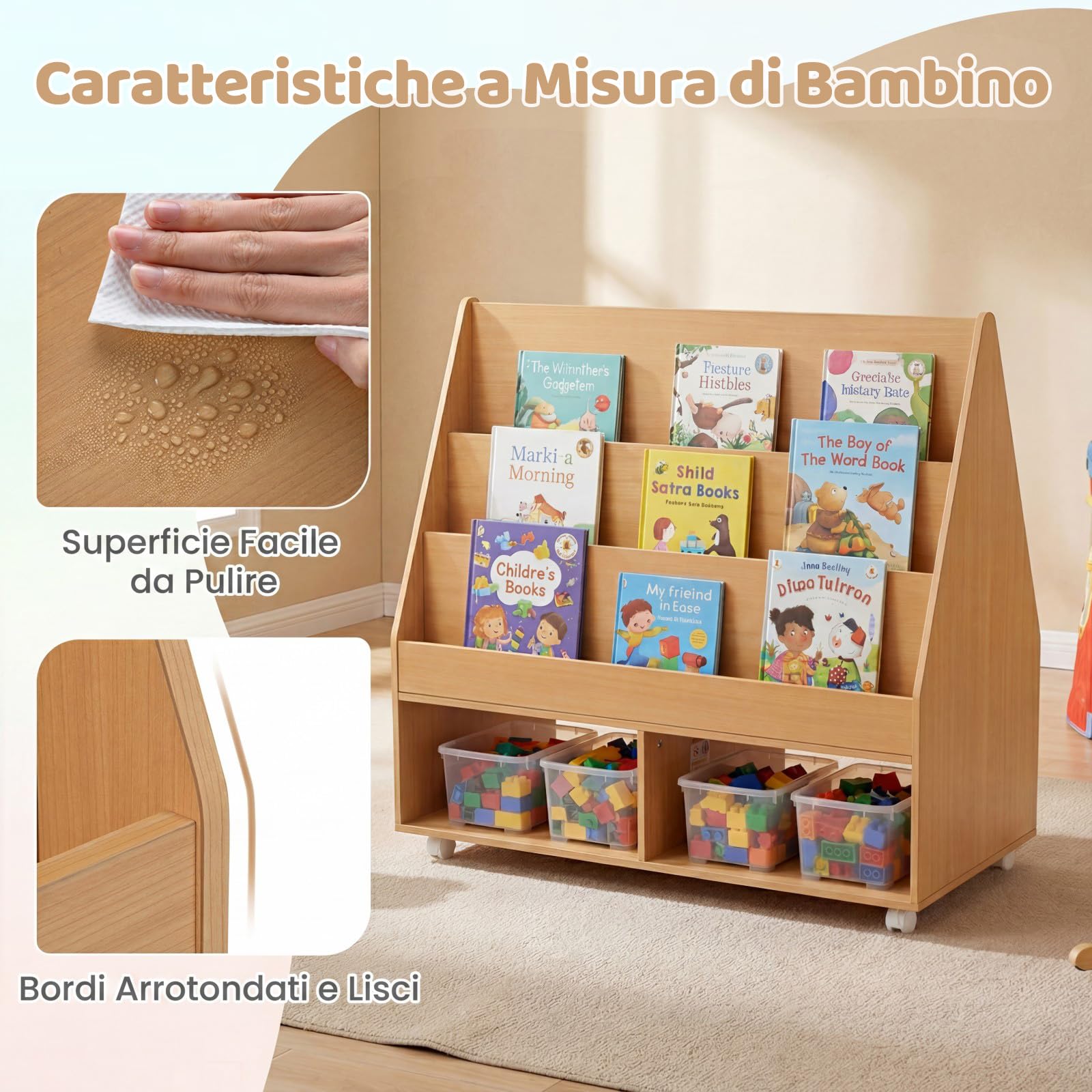 COSTWAY Libreria Montessoriana per Bambini, Scaffale per Giocattoli in Legno con Lavagna e 5 Ruote, Libreria a 3 Ripiani e Scomparti, per Cameretta e Asilo Nido, 90 x 45,5 x 87 cm (Naturale)