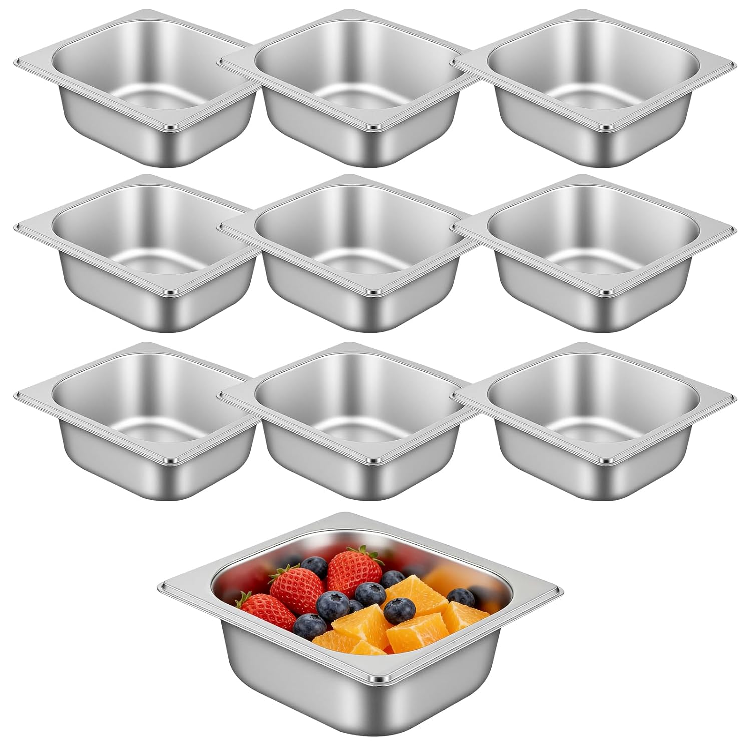 SHEUTSAN 10 Pcs 1/6 Size Steam Table Pan, 2.5 Inch Deep Metal Pan Small Stainless for Hotel Restaurant Buffets Party, 6.9 x 6.3 Inch