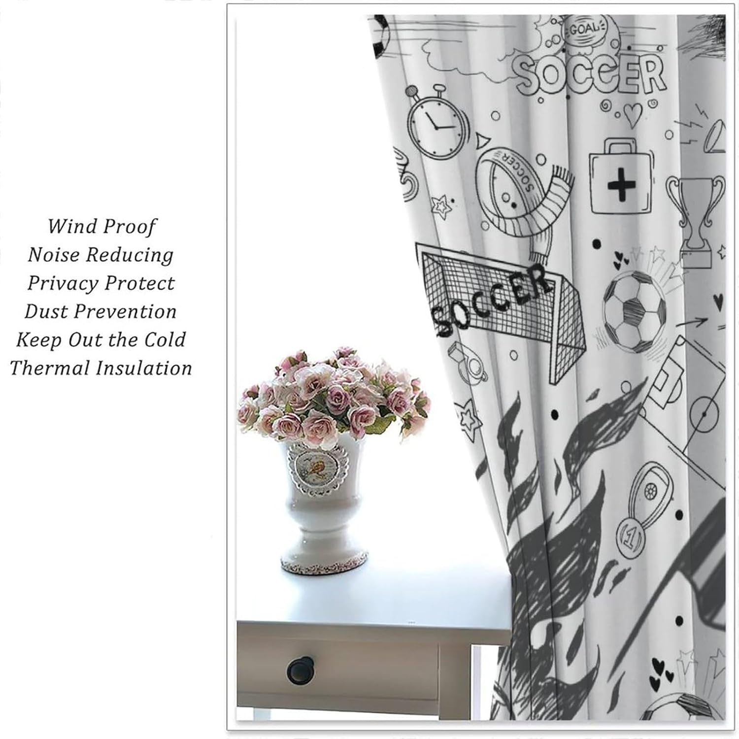 Black White Soccer Curtains for Living Room, Sketch Theme Ball Football Game Sport Rod Pocket Thermal Insulated,Window Curtains 2 Panels 63" L x 31.5" W