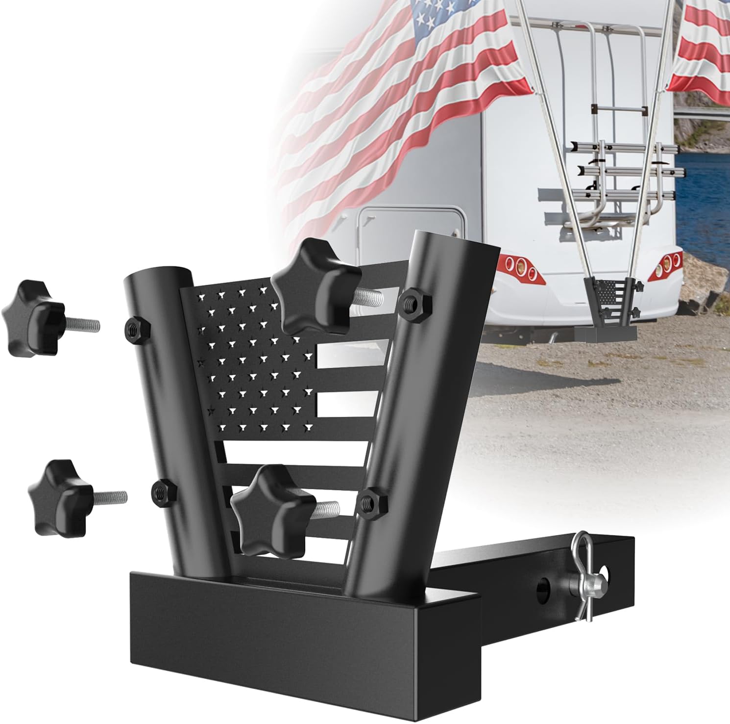 Heavy Duty Hitch Receiver Flagpole Holder with 11.8 Inch Insert, Dual Pole Design - Suitable for 2-inch Square Receiver, for Any Flagpole from 0.75 to 1.3inch