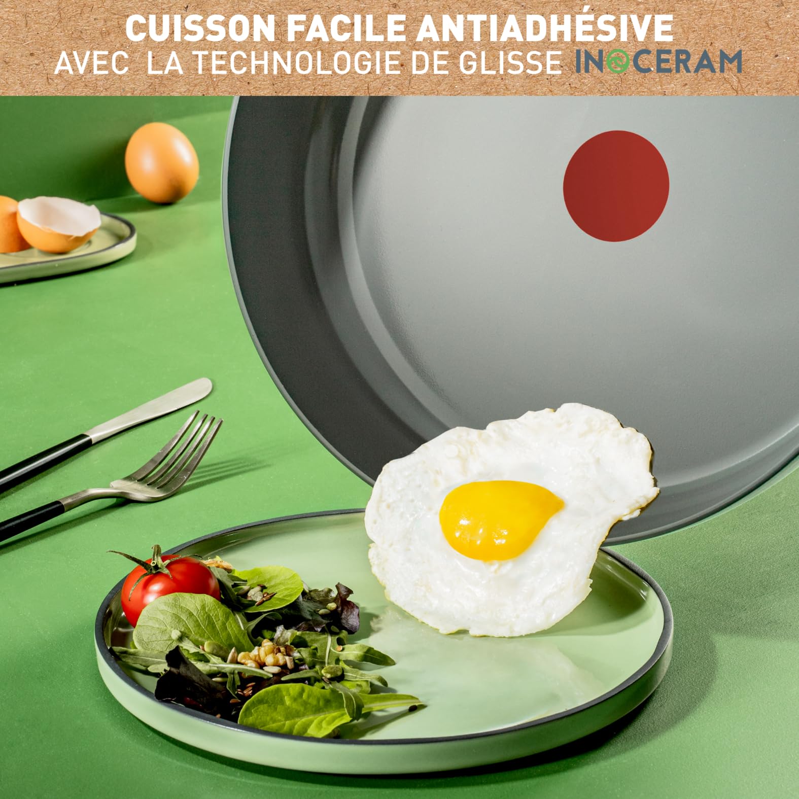 Tefal Lot de 3 poêles 20/24/28 cm, Induction, Revêtement antiadhésif céramique, Indicateur de cuisson Thermo-Signal, Eco-conception, Cuisson saine, Fabriqué en France, Renew On C4279132