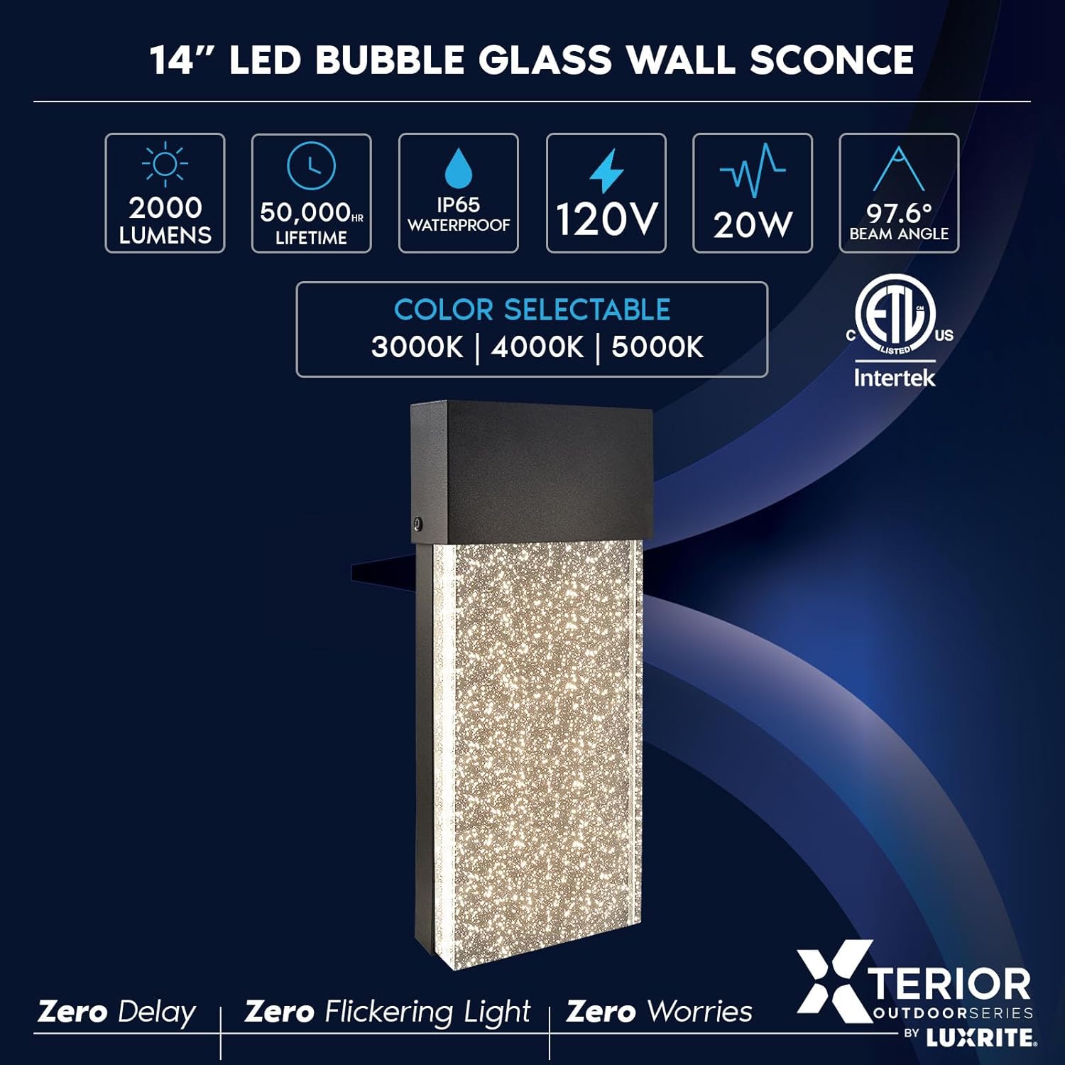 LUXRITE 14-Inch LED Wall Sconce Outdoor Light, 3CCT Selectable 3000K/4000K/5000K, 2000LM, 120V, 20W, IP65 Waterproof, Modern Bubble Glass Light Fixture, ETL Listed, Black