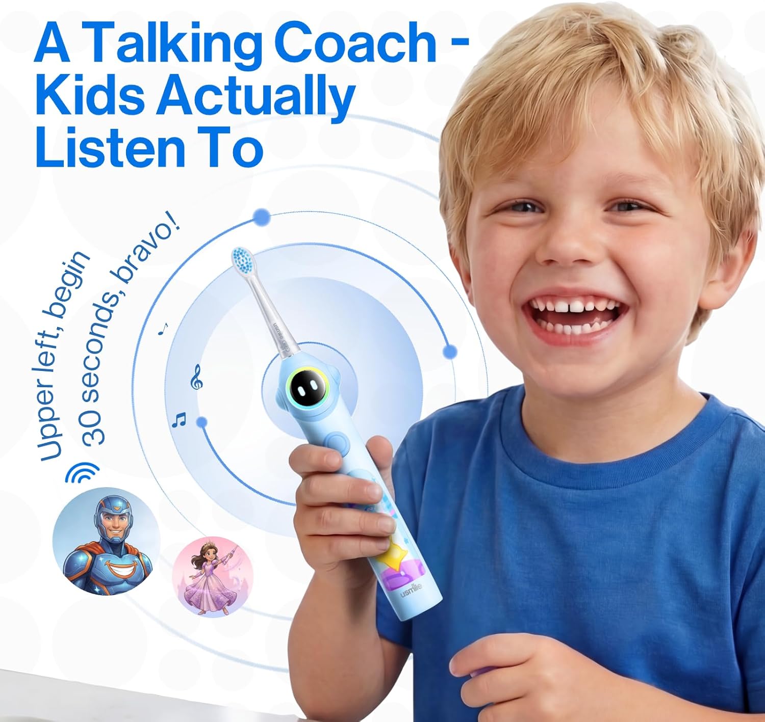 usmile Q30 Kids Sonic Electric Toothbrush, Voice-Guided Full-Mouth Coaching, Missed Spot Alerts & Smart App Reports, Extra-Soft Brush Heads, USB-C Rechargeable, IPX8 Waterproof (Ages 3–12, Blue)