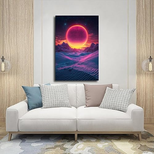 Miniatura 5 de Synthwave Wall Art Print  Neon Retro Sunset with Minimal Moon, Perfect for Office Or Studio Decor Poster Canvas Artwork Prints Rustic Farmhouse