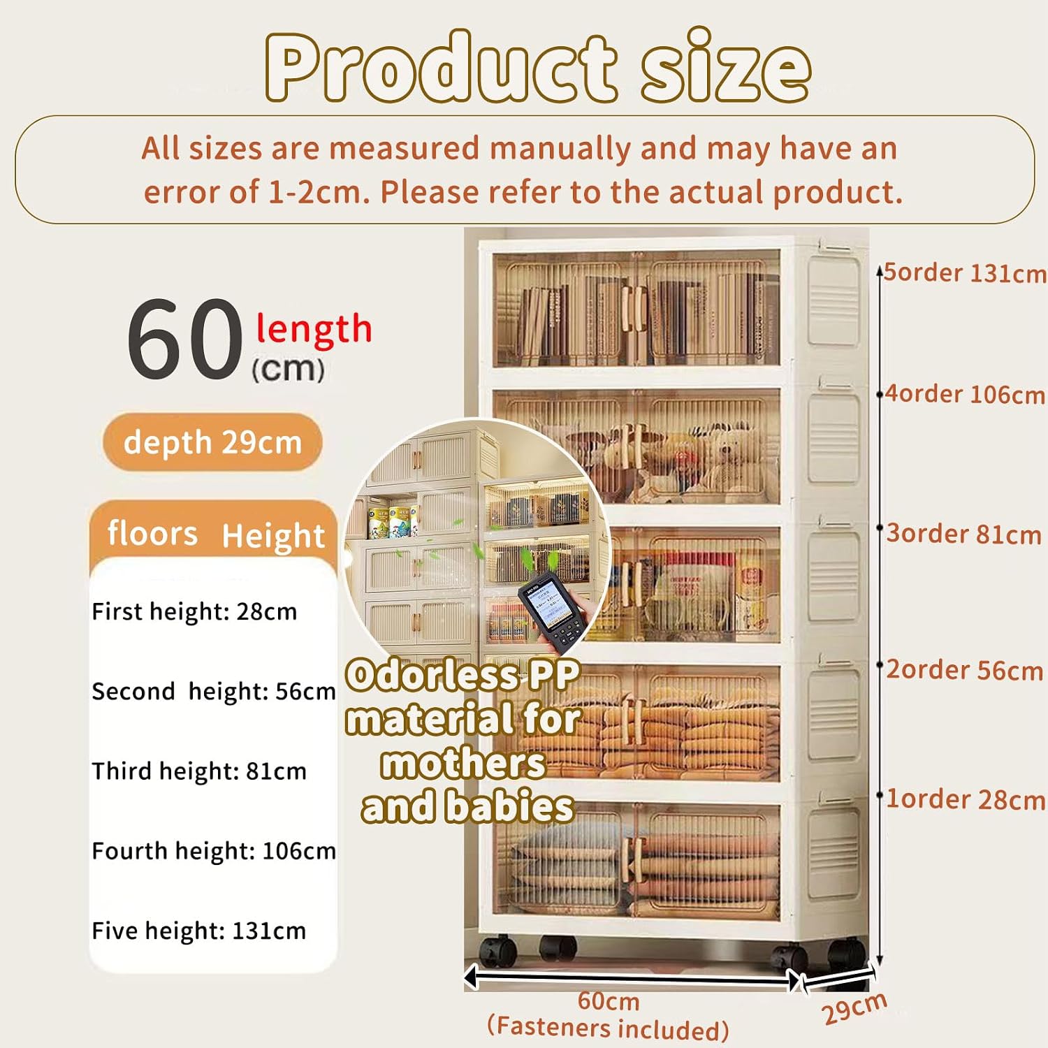 Portable 1/2/3/4/5 Tier Plastic Storage Box with Wheels & Doors Foldable Closet Bins with Li for Bedroom Living Room Study Office
