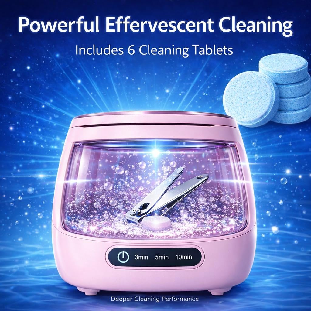 Rechargeable Nail Tool Cleaning and Sterilizer Machine, Nail Tool with High-Frequency Vibration and Blue Light 3 Timers Mode for Nail Drill Bits with Cleaning Tablets, Nail Art Brush (Pink)