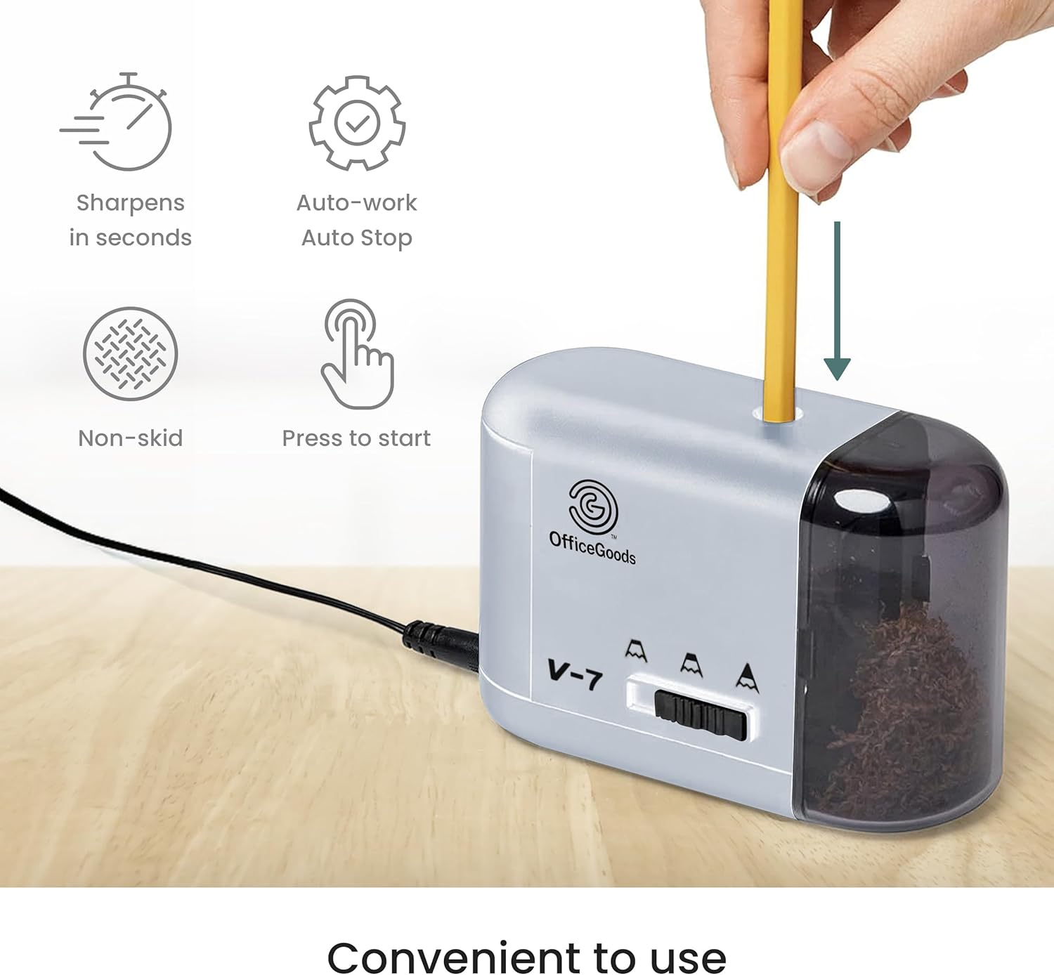 OfficeGoods Electric Pencil Sharpener - Battery or Cord Powered Portable Sharpener - Perfectly Sharpens Colored Pencils, Drafting Pencils for Kids, Adults, Office, School and Home - Silver
