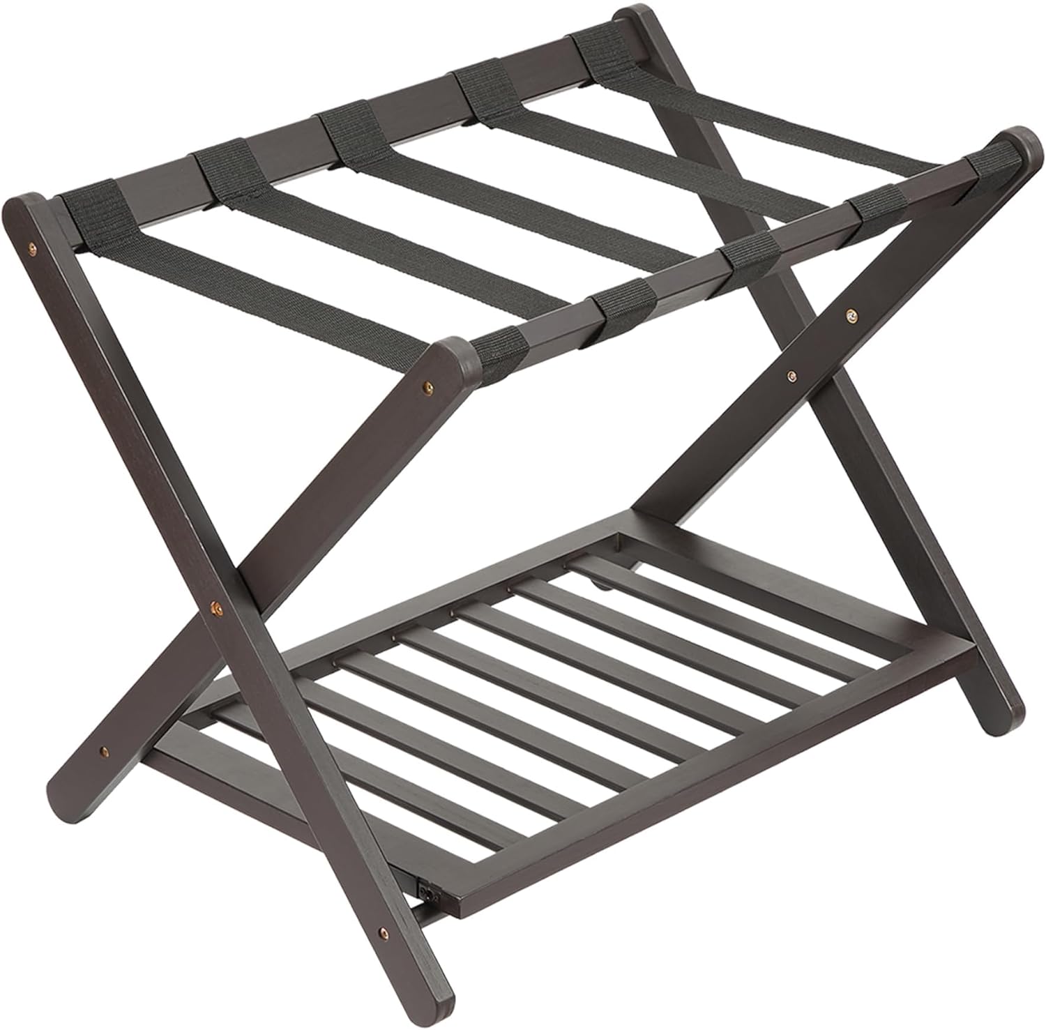 GAOMON Folding Luggage Rack with Storage Shelf Bamboo Suitcase Stand with Nylon Straps 2-Tier Luggage Holder for Guest Room Bedroom Hotel Holds Up to 110 Lbs