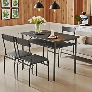 ECOTOUGE Dining Table Set for 4, Wood Kitchen Table and Chairs with Storage Shelves & Metal Frame, Compact Mid-Century Modern Rectangle Dinner Table Sets for Small Space, Apartment, Black