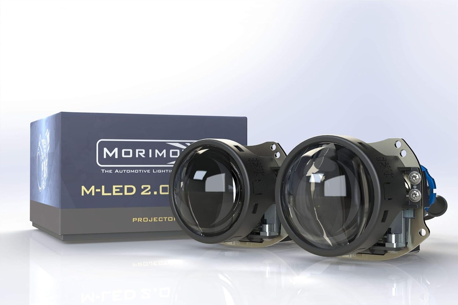 Two Morimoto M LED 2.0 Bi-LED Projectors with their product box.