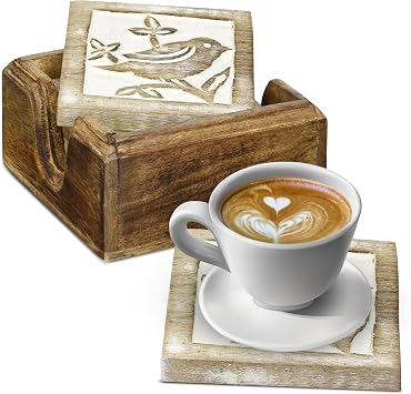 Store Indya Set of 4 Wood Coasters-Rustic Finish-Water Absorbent Eco-Friendly Protects Furniture from Water Stains & Damages-Set of 5 Drink Coasters Made Wood
