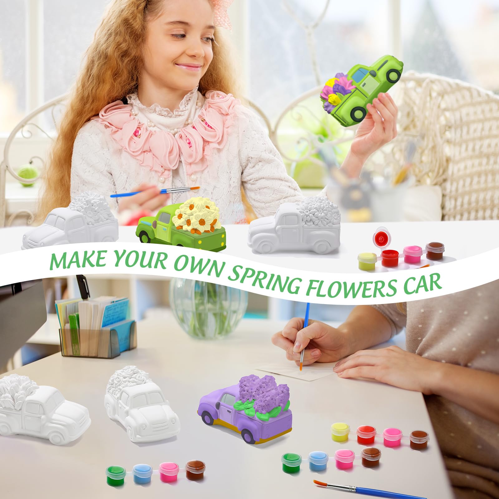 JellyArch 6 Set Frühling DIY Malerei Kit Keramik 3D Keramik LKW mit Blumen zum Bemalen Ihres eigenen LKWs mit Gänseblümchen, Sonnenblümchen, Tulpen, Statuen, unlackiertes Gips, Handwerk mit Pinsel,