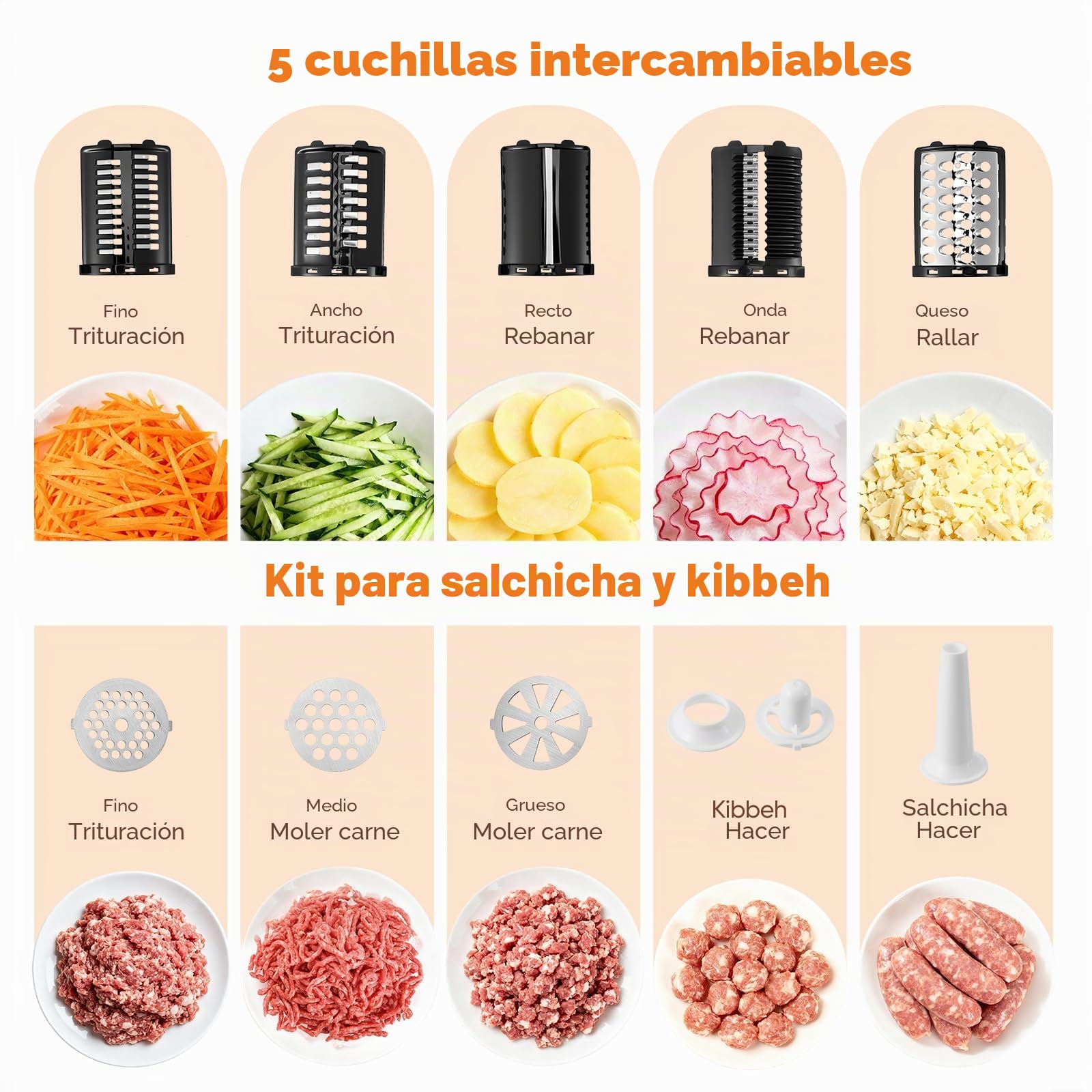 Picadora de carne eléctrica 2800W, 5 en 1: cortador verduras, rallador queso, embutidor y juego albóndigas. Máquina de cocina para picar, cortar y rallar.