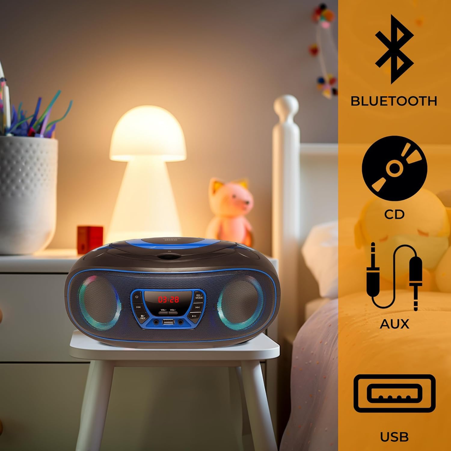 Denver TCL212BT radio z Bluetooth, radio Bluetooth z efektami świetlnymi, przenośny odtwarzacz CD, AUX, USB, niebieskie