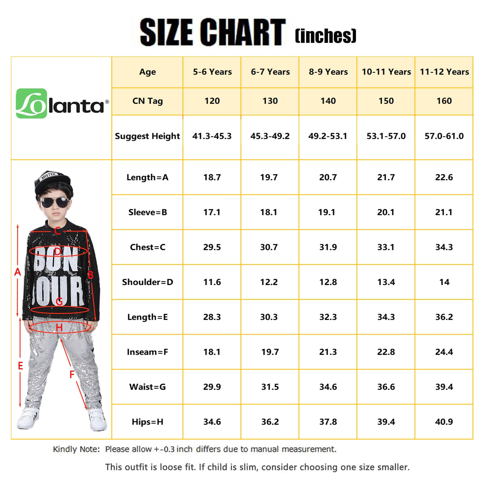 LOLANTA Girls Boys Sequin Hip Hop Dance Costumes Ballroom Modern Jazz Clothing Top Pants, 5-12 Years