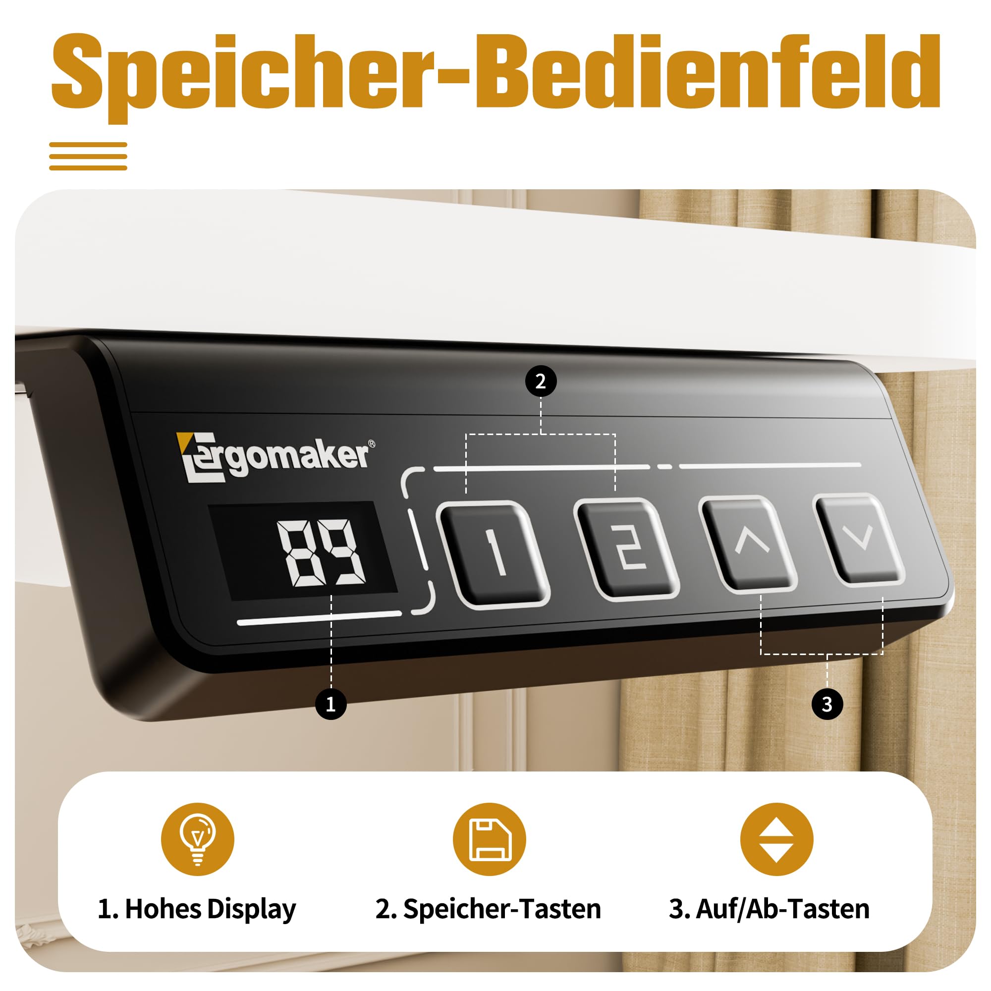 ERGOMAKER Höhenverstellbarer Schreibtisch Elektrisch für Homeoffice,90x60cm | Ergonomischer Schreibtisch, Memory-Funktion. Für Homeoffice, Lernen & Gaming. 2-teilige Platte, höhenverstellbar.