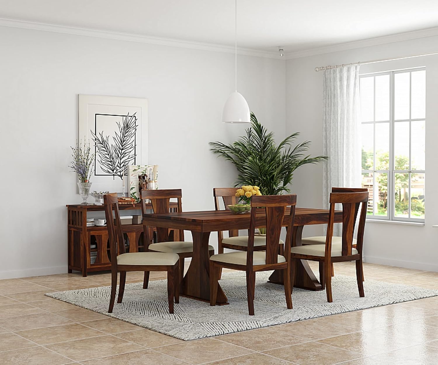 WOODSTAGE Sheesham Wood 6 Seater Dining Table with 6 Cushion Chairs for Home Living Room Hall Wooden Furniture Dinner Table Set for Hotels and Restaurants (Brown Finish) | 1 Year Warranty WOODSTAGE Sheesham Wood 6 Seater Dining Table with 6 Cushion Chairs for Home Living Room Hall Wooden Furniture Dinner Table Set for Hotels and Restaurants (Brown Finish) | 1 Year Warranty