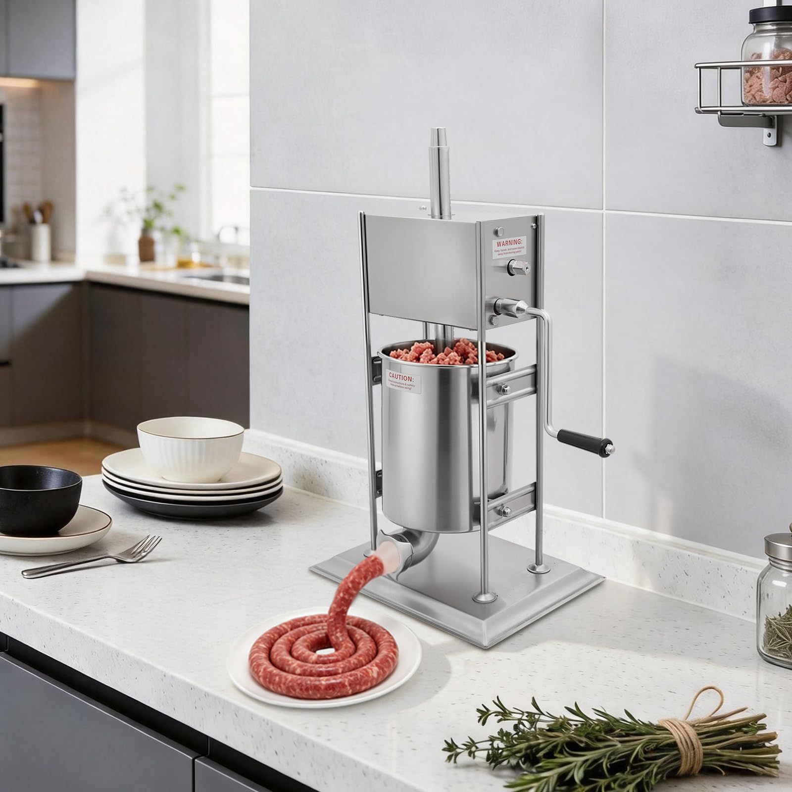 Maszyna do napełniania kiełbas, ze stali nierdzewnej (10 l, srebrna), z korbą ręczną, kiełbasą, prasą do kiełbas, churros Machine, 4 formy, 2 prędkości, przemysłowa maszyna do napełniania kiełbasy ze