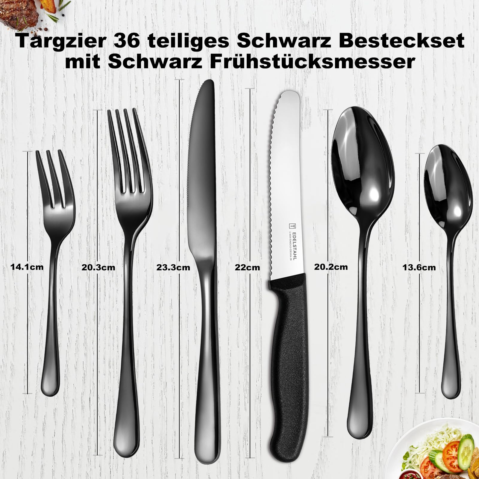 Besteck Set 6 Personen,Targzier 36 teiliges Edelstahl Besteckset mit Frühstücksmesser,Hochwertiges Essbesteck,Messer Gabel Löffel für Familie/Party/Hotel,Schwarzes&Spülmaschinenfest Bestecksets
