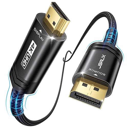 JSAUX - Cable DisplayPort a HDMI 4K de 6.6 pies, DP a HDMI Video UHD 4K@30Hz/2K@60/1080P@120 Cordillo Unidireccional de Nylon Trenzado para Dell,