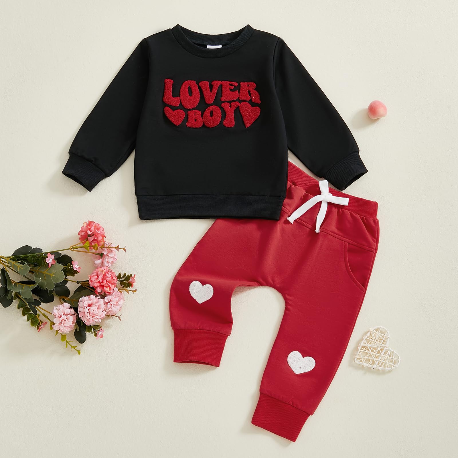 LAGKIYOJ Toddler Baby Girl Boy Valentines Outfit Love Heart Long Sleeve Sweatshirt Pullover Tops Jogger Pants Clothes (Black Love Heart, 6-12 Months)